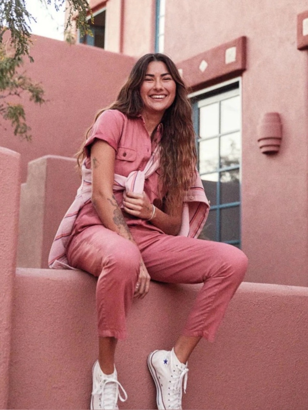 Outerknown SEA Short-Sleeve Button Jumpsuit in Mineral Red (dusty rose) $188 XS